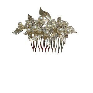 Gold Tone Bridal Hair Comb Faux Pearls Rhinestones Leaf Design Pageant Prom 4"